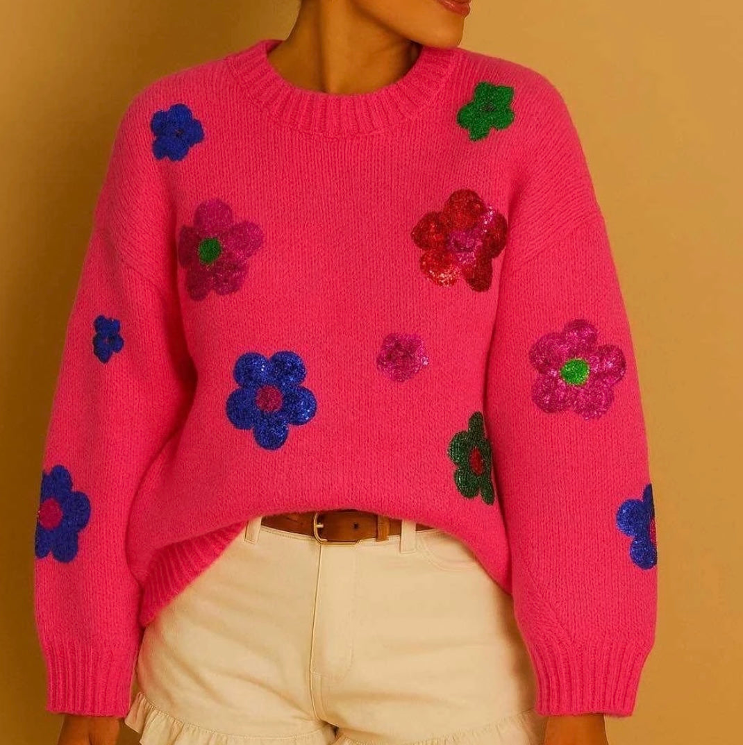 Pull marguerites Fushia paillettes