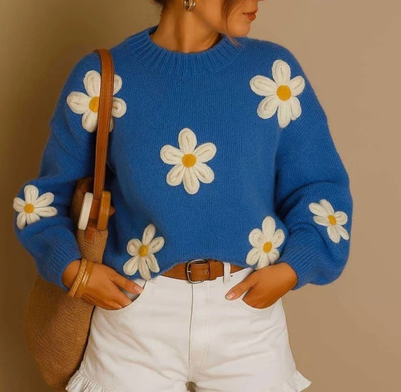 Pull marguerites bleu