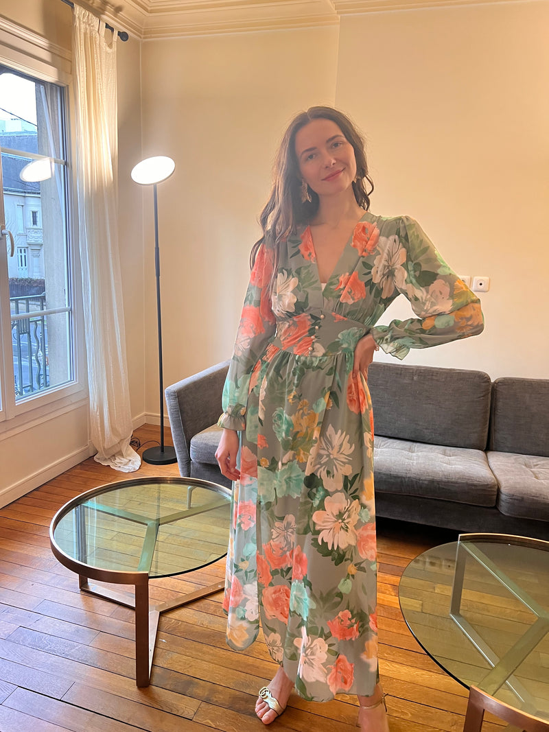 Robe Avina bleu imprimé fond vert