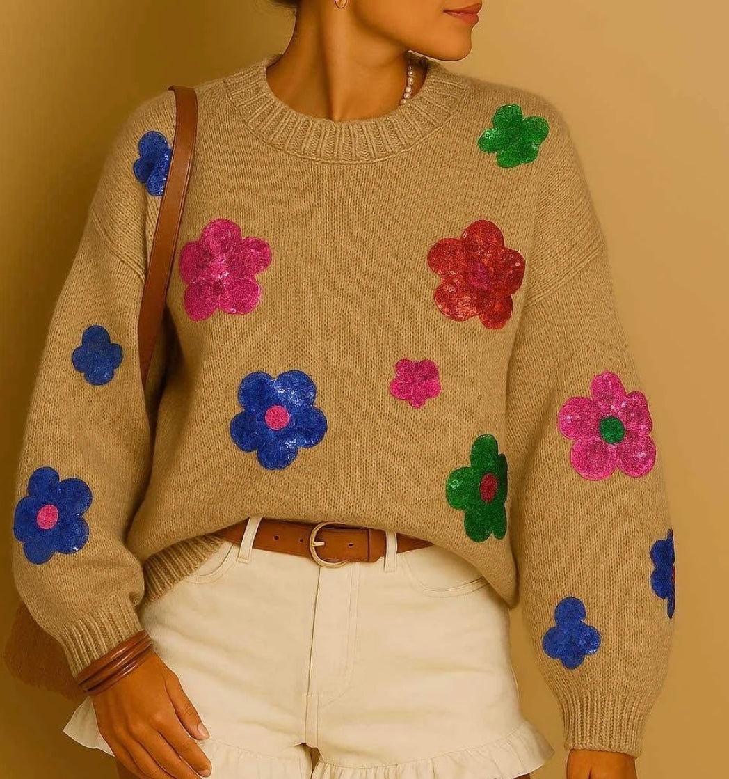 Pull marguerites beige paillettes