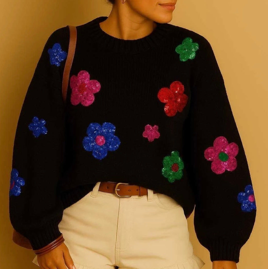 Pull marguerites noir paillettes